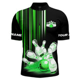 Maxcorners Black and Green light Men bowling Polo, Quarter Zip Shirt Custom bowling ball and pins Team jerseys