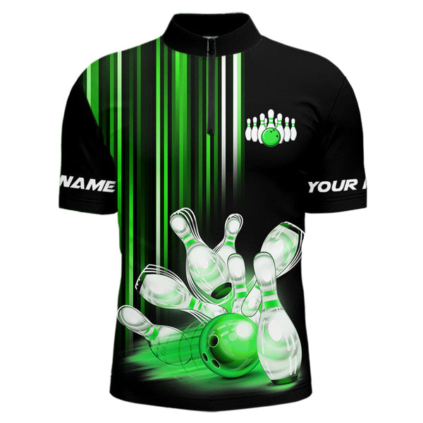 Maxcorners Black and Green light Men bowling Polo, Quarter Zip Shirt Custom bowling ball and pins Team jerseys