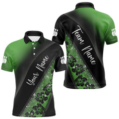 Maxcorners Black and Green Glitter Flower Bowling Polo, Quarter Zip Shirt for Men Custom Bowling Team Jerseys  LM0803