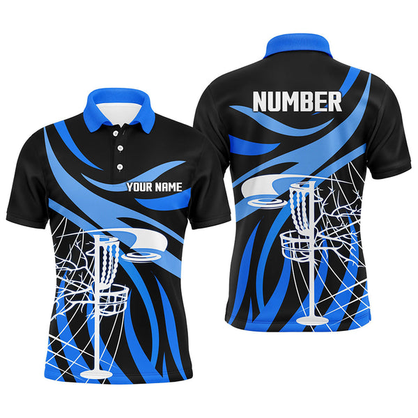 Maxcorners Mens disc golf polo shirt custom name black and blue disc golf basket, disc golf shirts MT0510