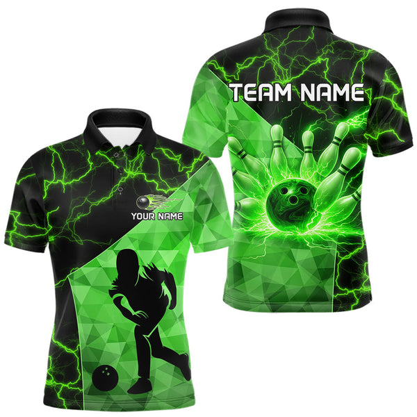 Maxcorners Green Thunder Lightning Bowling Polo, Quarter Zip Shirts For Men Custom Team Bowling Outfit LM0910