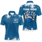 Maxcorners Blue Christmas Bowling snowflake Men's Bowling Polo, Quarter Zip shirts Custom Xmas Bowling Outfits MT0111