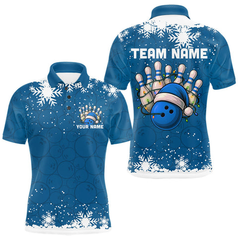 Maxcorners Blue Christmas Bowling snowflake Men's Bowling Polo, Quarter Zip shirts Custom Xmas Bowling Outfits MT0111