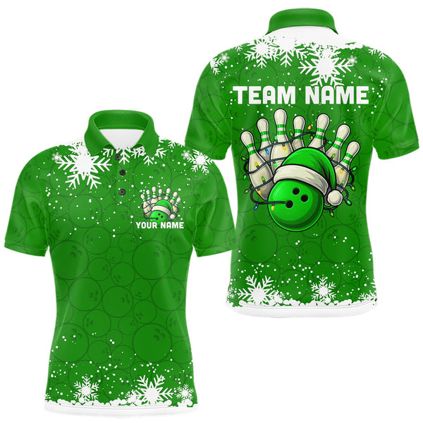 Maxcorners Green Christmas Bowling snowflake Men's Bowling Polo, Quarter Zip shirts Custom Xmas Bowling Outfits MT0111