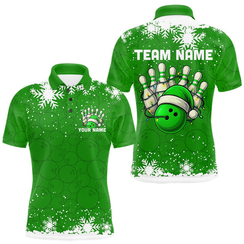 Maxcorners Green Christmas Bowling snowflake Men's Bowling Polo, Quarter Zip shirts Custom Xmas Bowling Outfits MT0111