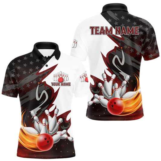Maxcorners Black and White American flag Bowling jersey Custom Patriotic Bowling Polo, 1/4 Zip Shirts For Men LM2603