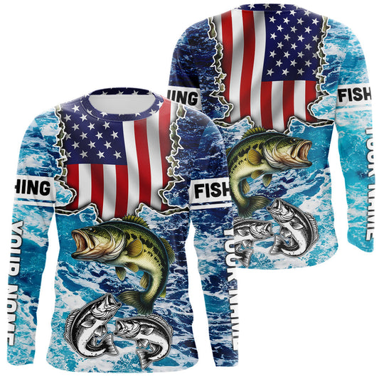 Maxcorners American Flag Largemouth Bass Fishing blue sea camo custom long sleeves performance fishing shirts LM0412