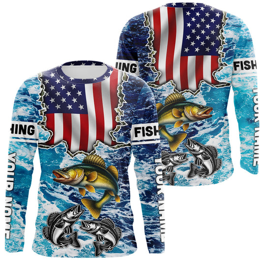 Maxcorners American Flag Walleye Fishing blue sea camo custom patriotic long sleeves performance fishing shirts LM0412