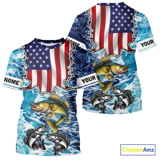 Maxcorners American Flag Walleye Fishing blue sea camo custom patriotic long sleeves performance fishing shirts LM0412