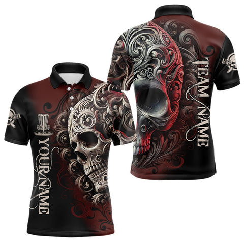Maxcorners Red and Black Skull Scroll Mens Disc golf polo shirts custom name and team name disc golf jerseys MT0510