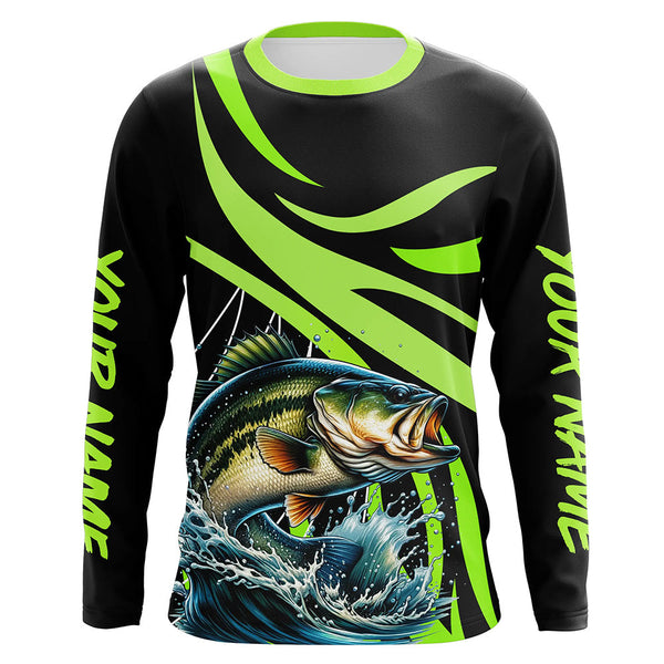 Maxcorners Personalized Largemouth Bass Long Sleeve Fishing Shirts, Bass Tournament Fishing Jerseys | Green MT2108
