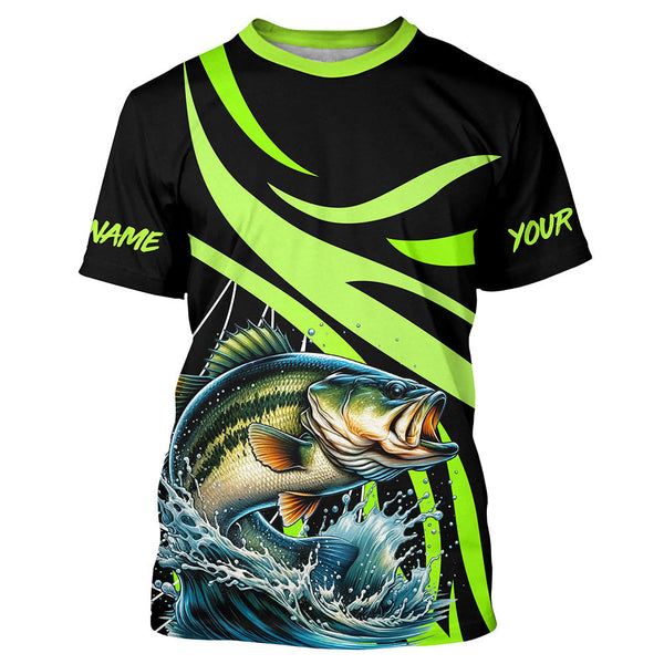 Maxcorners Personalized Largemouth Bass Long Sleeve Fishing Shirts, Bass Tournament Fishing Jerseys | Green MT2108
