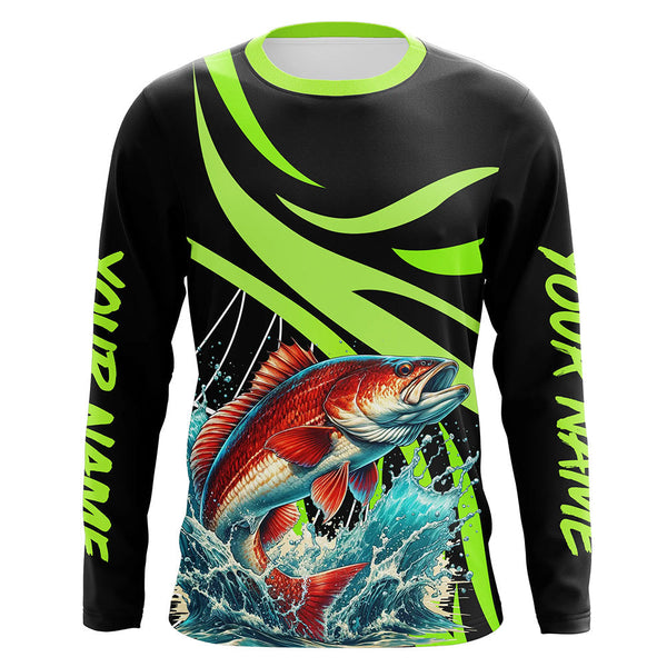 Maxcorners Personalized Redfish puppy Long Sleeve Fishing Shirts, Red drum Tournament Fishing Jerseys | Green MT2108