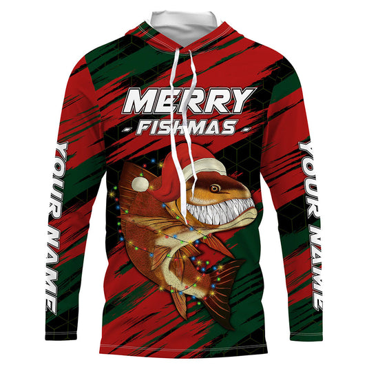 Maxcorners Personalized funny Christmas Redfish long sleeve Fishing Shirts, Mery fishmas Fishing gifts LM0201