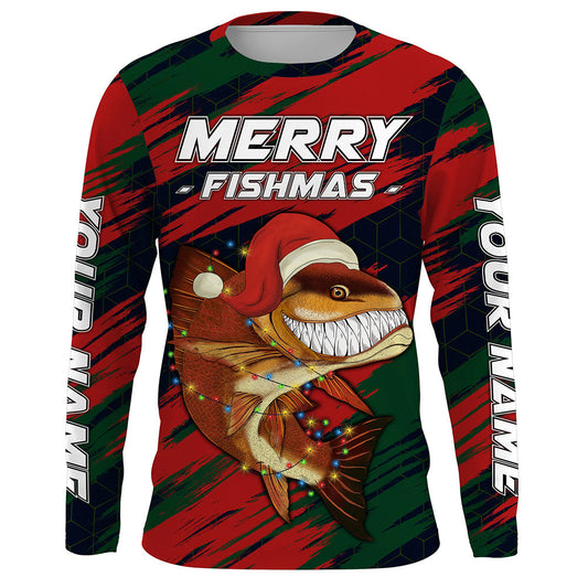 Maxcorners Personalized funny Christmas Redfish long sleeve Fishing Shirts, Mery fishmas Fishing gifts LM0201