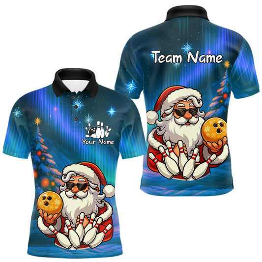 Maxcorners Funny Santa Christmas Bowling Shirts For Men Custom Blue Christmas Night Bowling Team Jersey LM2603