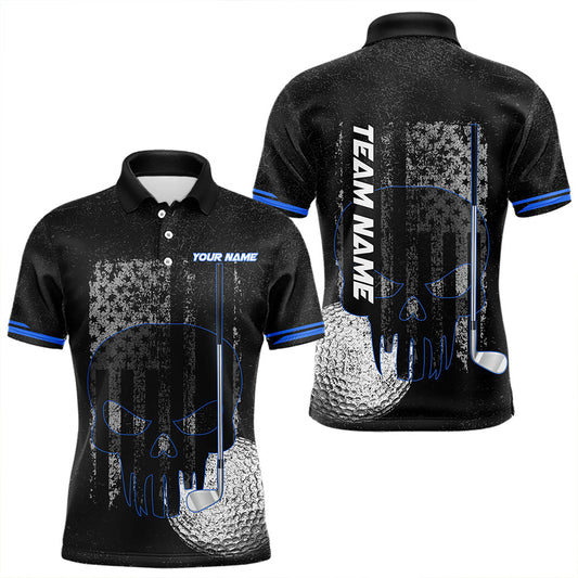 Maxcorners Black & White Grunge American Flag Skull Mens Golf Polo Shirts Custom Golf Attire For Mens | Blue