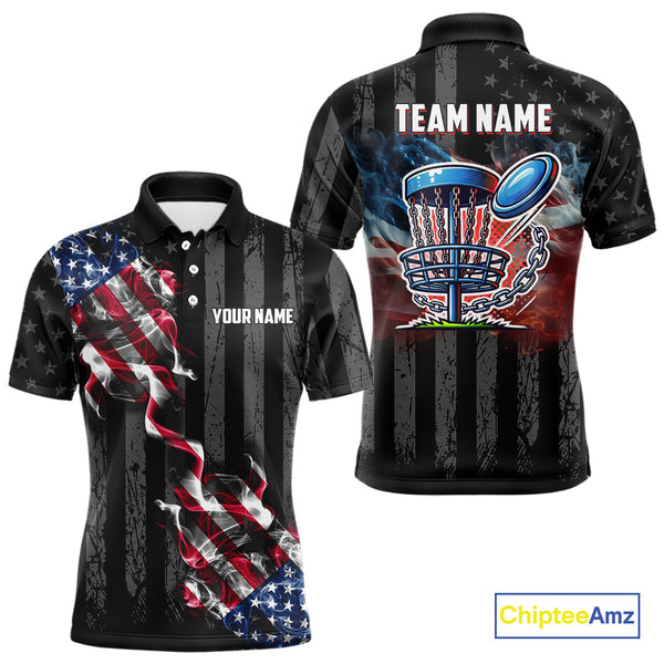 Maxcorners Black American flag smoke Mens disc golf polo shirts Custom Patriotic Team Disc Golf attire MT0510