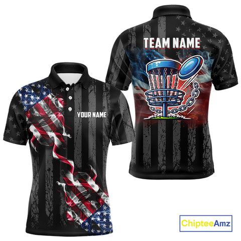 Maxcorners Black American flag smoke Mens disc golf polo shirts Custom Patriotic Team Disc Golf attire MT0510