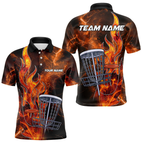 Maxcorners Orange Flame Lightning Thunder Disc golf polo shirts For Men Custom Team disc golf outfits MT1110