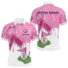 Maxcorners Pink ribbon glitter Golf Polo Shirts For Men Custom team golf jerseys, breast cancer golf shirts