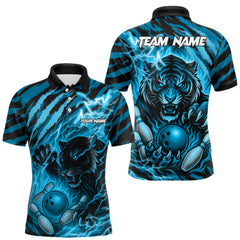 Maxcorners Personalized Tiger Bowling Shirts For Men, Blue Flame Lightning Thunder Tiger Team Bowling Jerseys