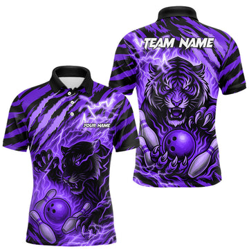 Maxcorners Personalized Tiger Bowling Shirts For Men, Purple Flame Lightning Thunder Tiger Team Bowling Jerseys