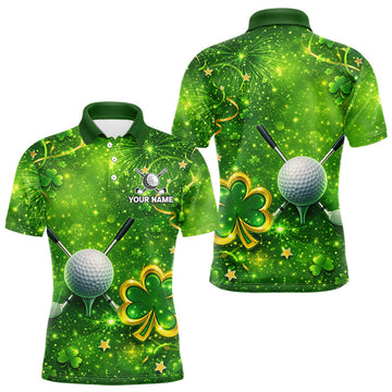 Maxcorners Happy St Patrick's Day Green and Gold Shamrock Mens Golf Polo Shirts Custom Golf Clothes for Men