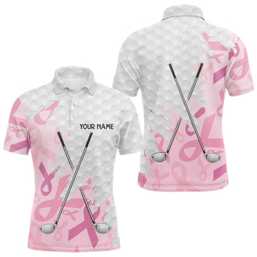 Maxcorners Breast cancer Mens golf polo shirts custom Pink ribbon pattern golf clubs team golf tops for men LM1008