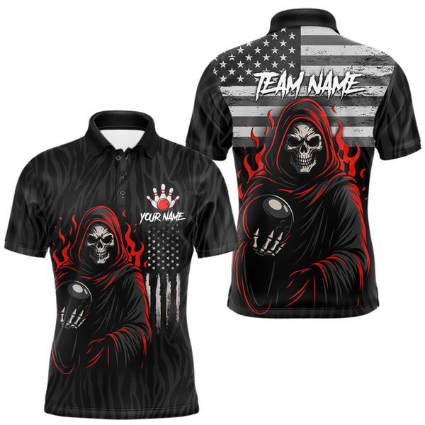 Maxcorners Black & White Camo American Flag Red Flame Skull Reaper Mens Bowling Shirt Custom Team Bowling Jersey LM1610