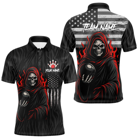 Maxcorners Black & White Camo American Flag Red Flame Skull Reaper Mens Bowling Shirt Custom Team Bowling Jersey LM1610