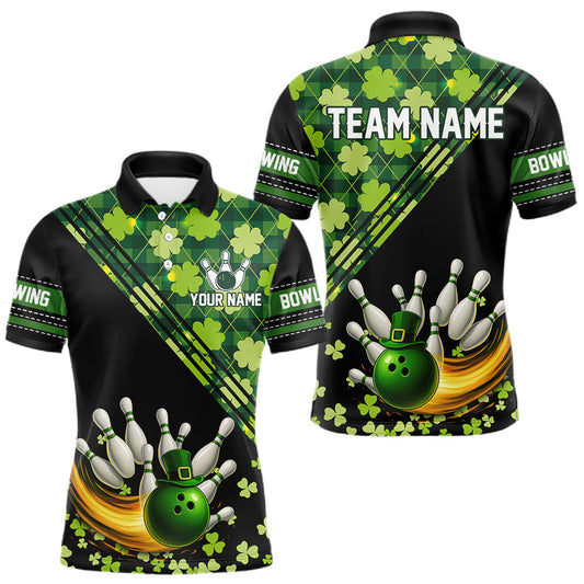 Maxcorners Black and Green shamrock argyle pattern Bowling Shirts For Men Custom St Patrick Team Bowling Jerseys