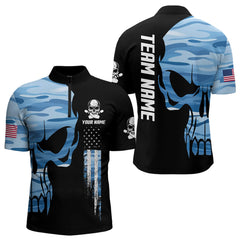 Maxcorners Blue Camo Skull American Flag Mens Bowling Shirts Custom Patriotic Bowling Team Jerseys For Men And Women