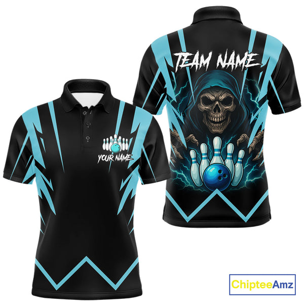 Maxcorners Black and Blue Reaper Skull lightning Bowling Shirts for Men Custom Skull Team Bowling league jersey TU1410