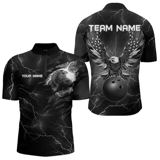 Maxcorners Black lightning thunder bowling American flag Eagle custom Mens Bowling Polo, Quarter Zip Shirts LM2206