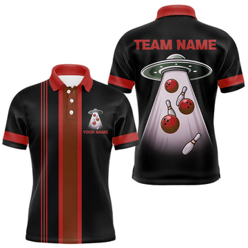 Maxcorners Black and Red ufo alien Retro Bowling Polo, Quarter Zip Shirts for men Custom Bowling Team Jersey
