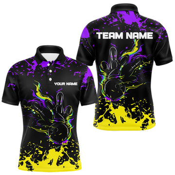 Maxcorners Personalized Black, Purple & Yellow Bowling Shirts For Men, Bowling Balls And Pins Bowling Team Shirt LM1501