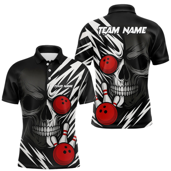Maxcorners Black and White Skull Bowling Polo, Quarter Zip shirts for Men Custom Skull Team Bowling Jerseys LM1307