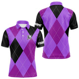 Maxcorners Mens golf polos shirts custom purple and black golf argyle plaid pattern, personalized golf gifts LM1109