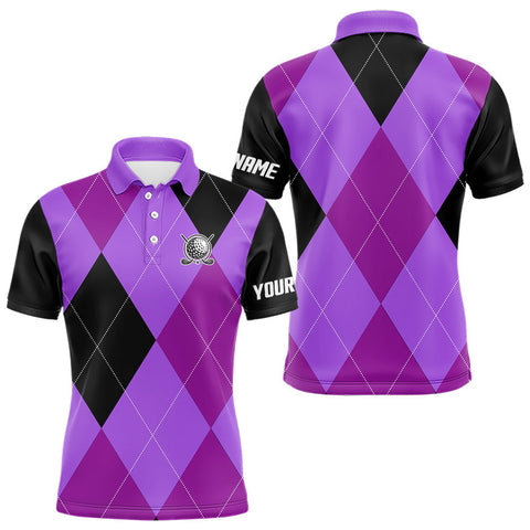 Maxcorners Mens golf polos shirts custom purple and black golf argyle plaid pattern, personalized golf gifts LM1109