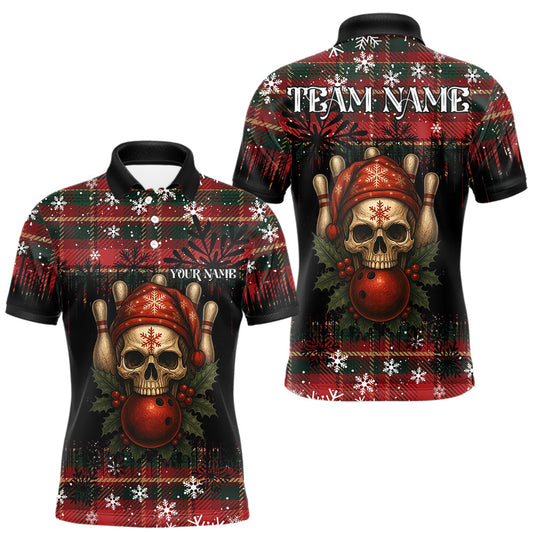 Maxcorners Black & Red Plaid Christmas pattern Skull Bowling Shirts For Men Custom Team Bowling outfit jerseys LM2603