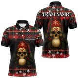 Maxcorners Black and Red Plaid Christmas pattern Skull Mens Polo Shirt Custom Golf outfit For Men, golfing gifts LM1411