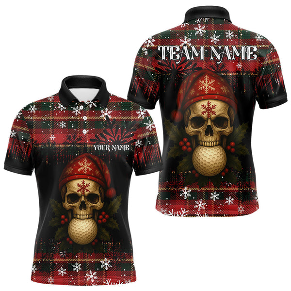 Maxcorners Black and Red Plaid Christmas pattern Skull Mens Polo Shirt Custom Golf outfit For Men, golfing gifts LM1411