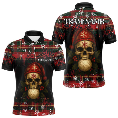 Maxcorners Black and Red Plaid Christmas pattern Skull Mens Polo Shirt Custom Golf outfit For Men, golfing gifts LM1411