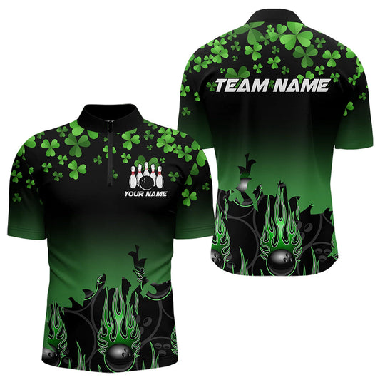 Maxcorners Green Shamrock Flame Bowling Shirts For Men And Women Custom St Patrick Day Black Team League Bowling Jerseys