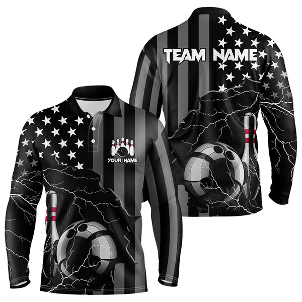 Maxcorners Personalized Black American Flag Lightning Thunder Custom Bowling Team Shirts For Mens Bowling Jersey