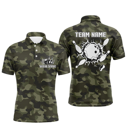 MaxCorners Bowling Ball And Pins Green Camo Customized Name 3D Bowling Polo Shirt For Men