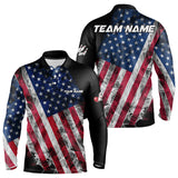 Maxcorners Smoke American Flag Black Bowling Polo, Quarter Zip Shirt For Men And Women Custom Patriotic Team Bowling Jersey