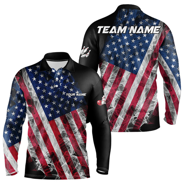 Maxcorners Smoke American Flag Black Bowling Polo, Quarter Zip Shirt For Men And Women Custom Patriotic Team Bowling Jersey