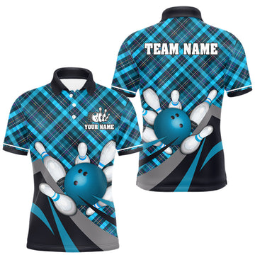 Maxcorners Blue Plaid pattern Bowling shirts For Men Custom Team Bowling Jersey Xmas Gift For Bowlers LM1203